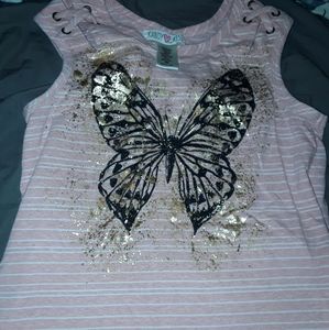 Young girl sleeveless pink and white shirt